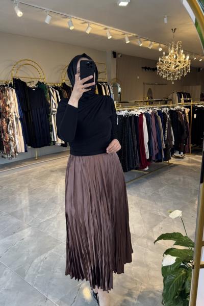 Kraş saten etek Kahverengi