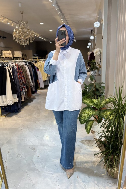 DENİMLİ GÖMLEK Turkuaz Beyaz