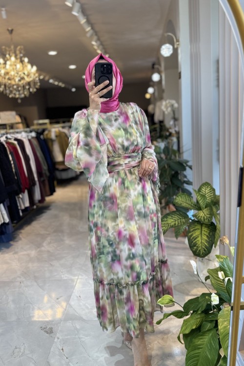 BUĞLEM ELBİSE Yağ Yeşili - Fuşya