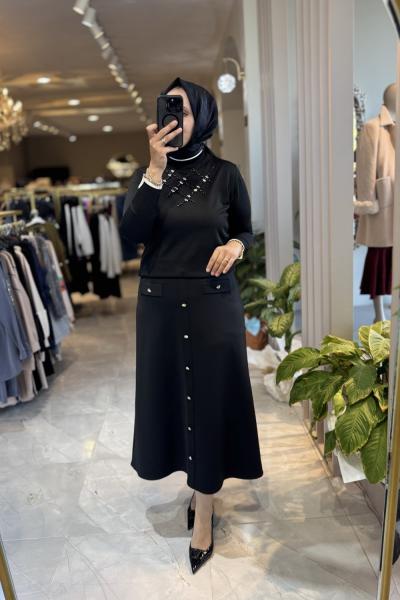 DÜĞME DETAY ETEK Siyah