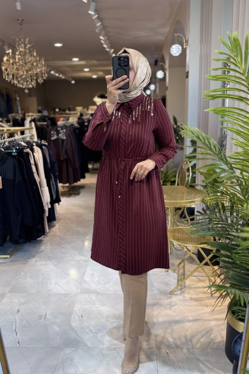 NPRİVE 9493 PUL İŞLEME DET.GİY ÇIK TUNİK Bordo