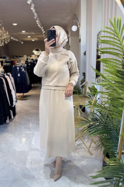 NPRİVE 9506 DÜĞME DET. ÖRME CROP TAKIM Bej