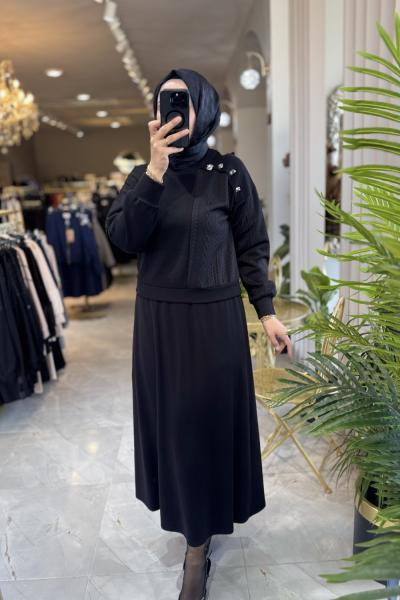 NPRİVE 9506 DÜĞME DET. ÖRME CROP TAKIM Siyah