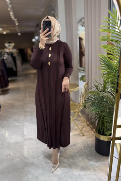FARAH 3532 MERSERİZE ELBİSE Kahverengi