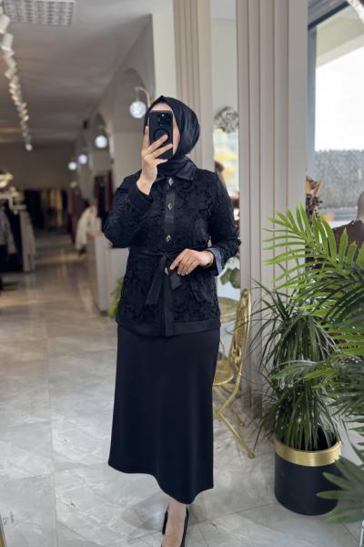 STİLE TRANSPARAN DANTEL DETAY CEKET Siyah