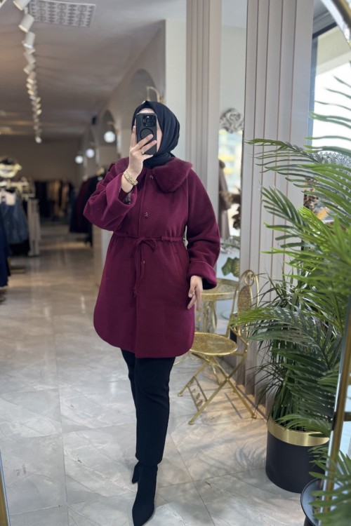 NPRİVE 5241 YAKA KÜRK DETAY KAŞE KABAN  Bordo
