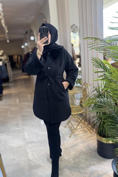 NPRİVE 5241 YAKA KÜRK DETAY KAŞE KABAN Siyah