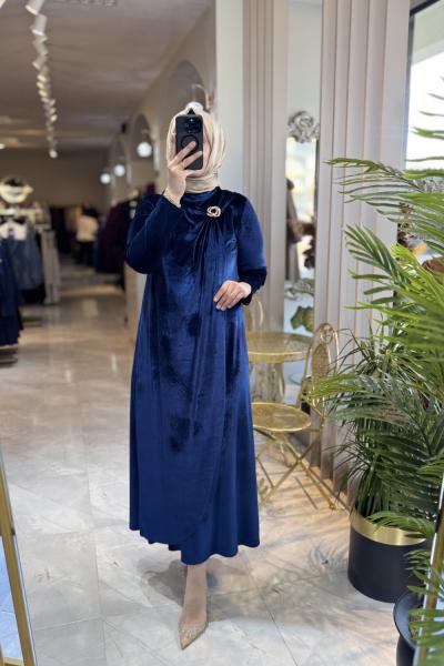 Kaşmir kadife elbise  GECE MAVİSİ