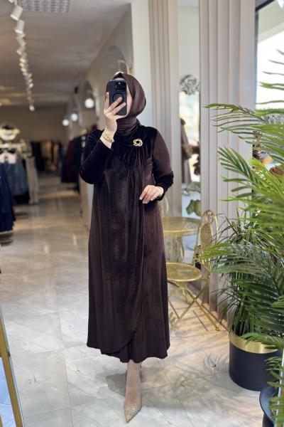 KAŞMİR KADİFE ELBİSE  Kahverengi