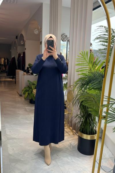 YAREN 3571 MERSERİZE ELBİSE  Lacivert