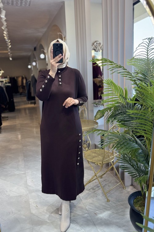 EFSUN MERSERİZE ELBİSE 088 Kahverengi