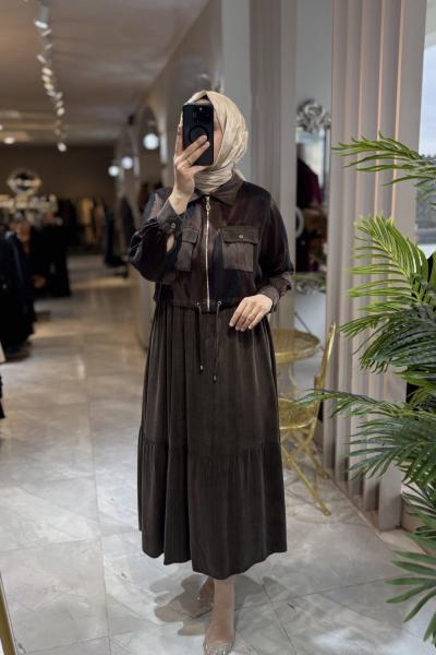 ELİZA İPEK CUPRA ELBİSE TAKIM Kahverengi