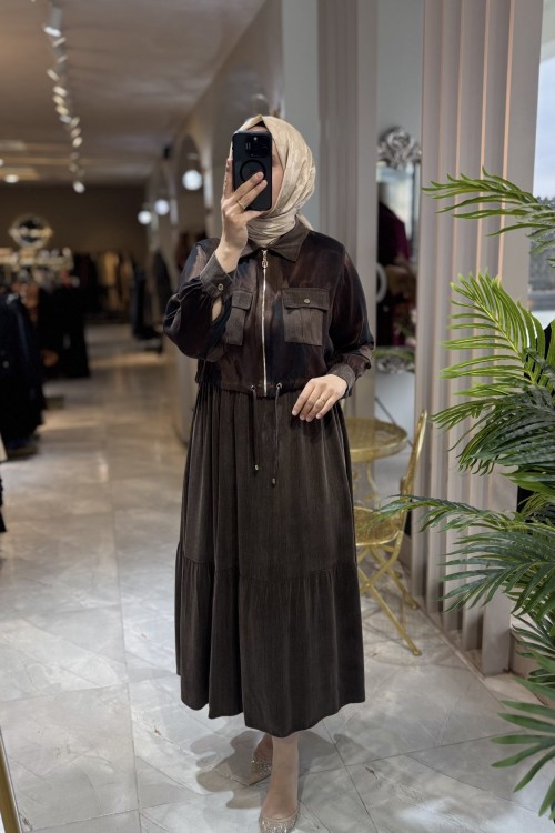 ELİZA İPEK CUPRA ELBİSE TAKIM Kahverengi