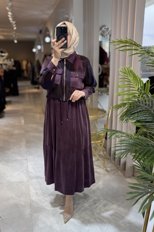 ELİZA İPEK CUPRA ELBİSE TAKIM Mürdüm