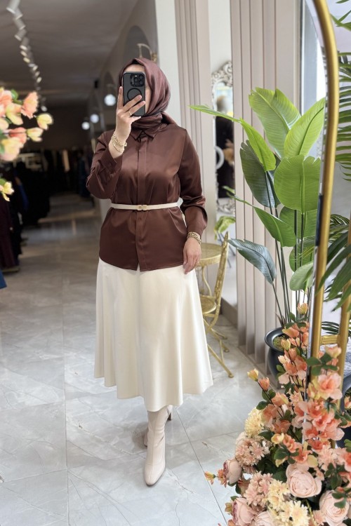 LOVELY SATEN GÖMLEK Kahverengi