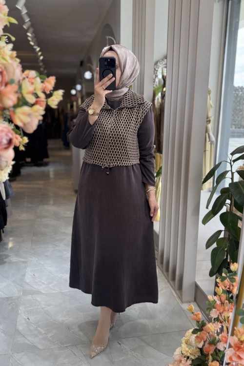 BEST ELBİSE YELEK TAKIM Kahverengi