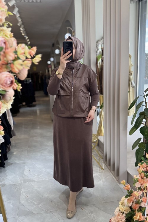 JUP ELBİSE YELEK TAKIM Kahverengi