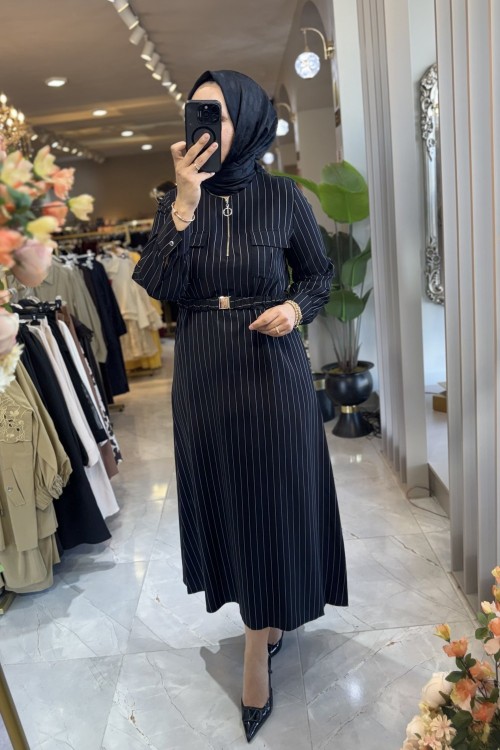 NPRİVE 13256 NİSA ELBİSE Siyah Taş