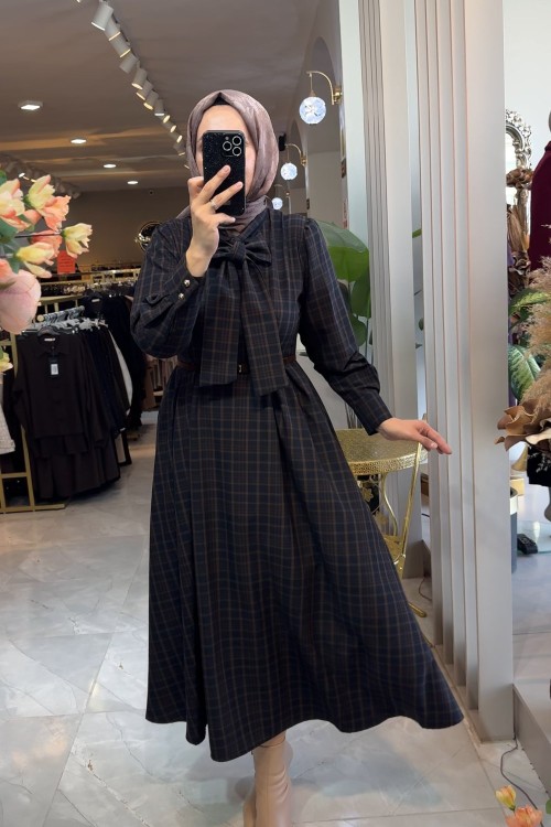 MERY ELBİSE 6781 Kahverengi Çizgili