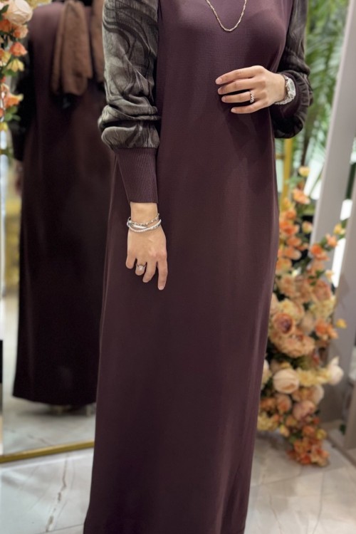 VELVET MERSERİZE ELBİSE 7827 Kahverengi