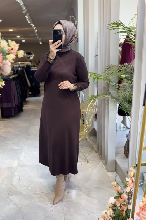DEFNE MERSERİZE ELBİSE (187) Kahverengi