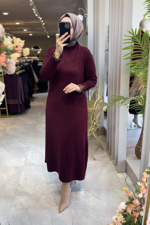 DEFNE MERSERİZE ELBİSE (187) Bordo