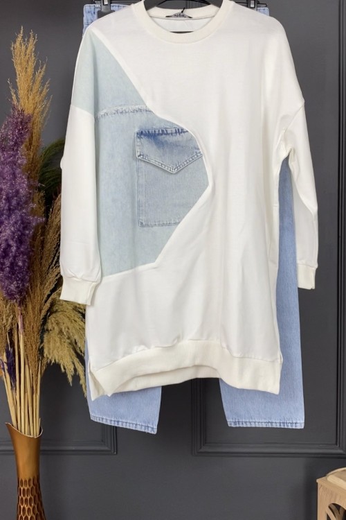 058- Kot detay tunik Beyaz